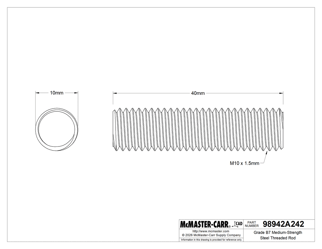 Technical Drawing of Grade B7 Medium-Strength Steel Threaded Rod, Zinc Yellow-Chromate Plated, M10 x 1.5 mm Thread, 40 mm Long.